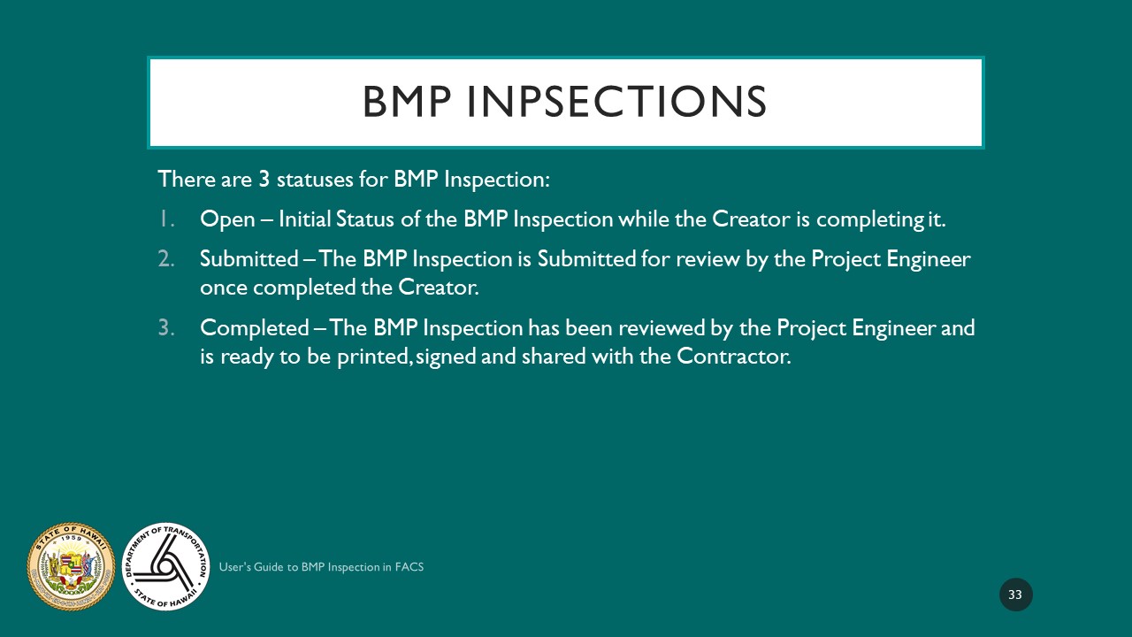 USER’S GUIDE TO BMP INPSECTIONS IN FACS